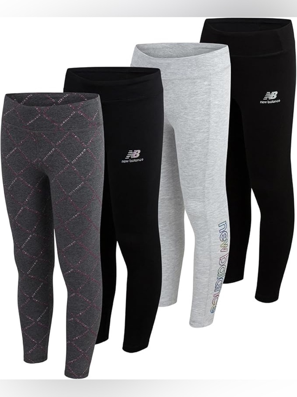 New Balance Kids 4-Pk Leggings - Black, Gray, and Charcoal with Pink Accents NWT